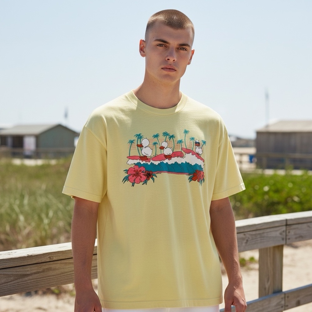Vintage Single Stitch 1985 Yellow Jim Benton Surfing Ducks Tee Shirt Top Medium